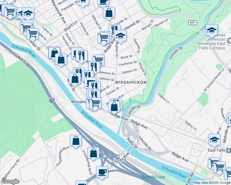 map of restaurants, bars, coffee shops, grocery stores, and more near 124 Rochelle Avenue in Philadelphia
