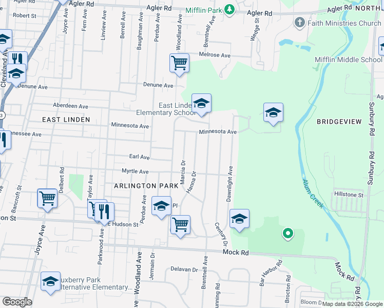 map of restaurants, bars, coffee shops, grocery stores, and more near 2354 Hanna Drive in Columbus