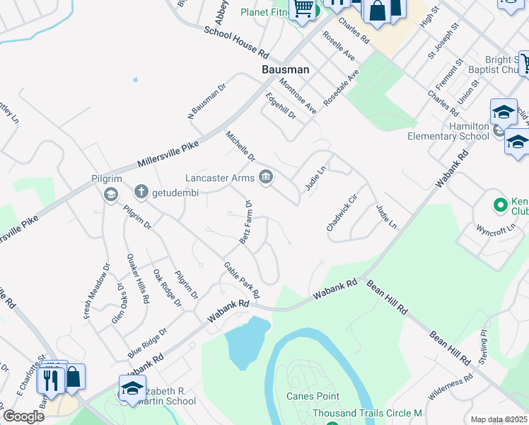 map of restaurants, bars, coffee shops, grocery stores, and more near 13 Deep Hollow Lane in Lancaster