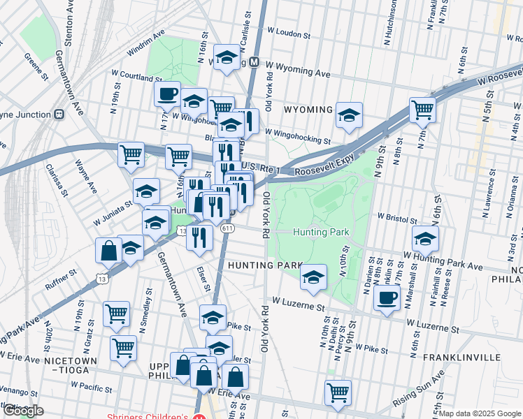 map of restaurants, bars, coffee shops, grocery stores, and more near 4232 Old York Road in Philadelphia
