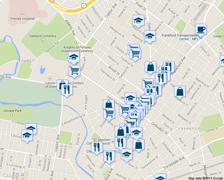 map of restaurants, bars, coffee shops, grocery stores, and more near 4625 Oakland St in Philadelphia