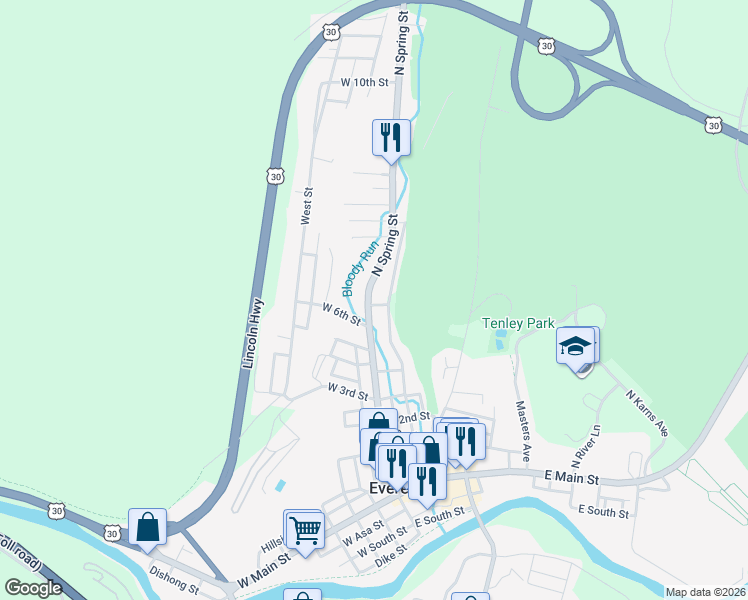 map of restaurants, bars, coffee shops, grocery stores, and more near Water St in Everett