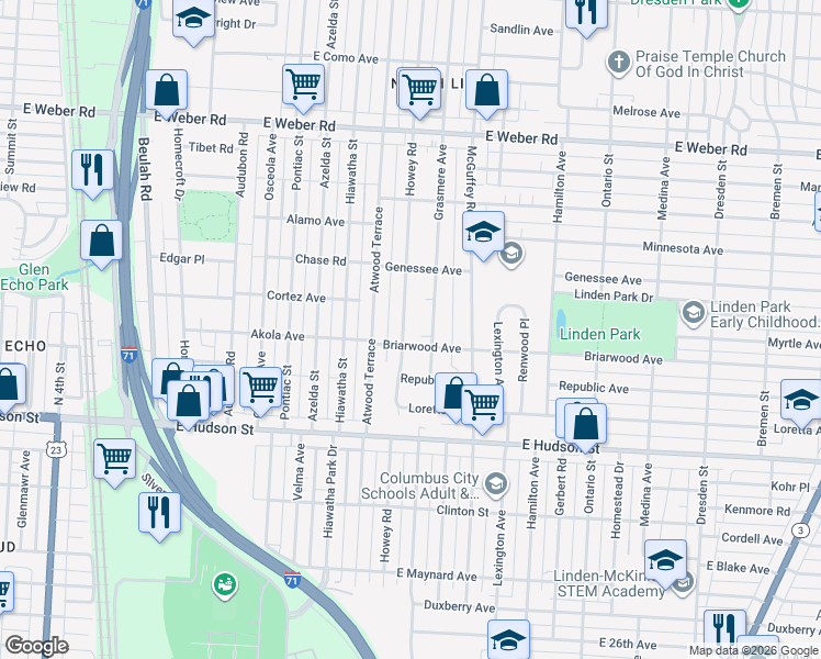 map of restaurants, bars, coffee shops, grocery stores, and more near 2531 Howey Road in Columbus