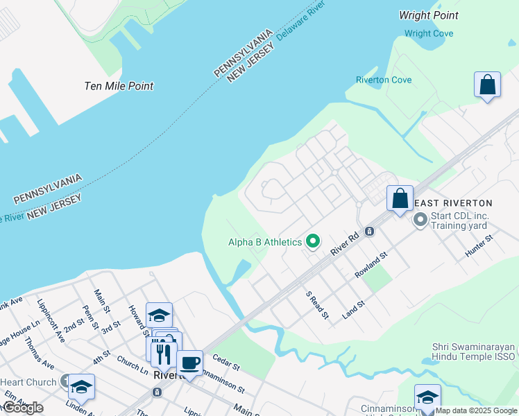 map of restaurants, bars, coffee shops, grocery stores, and more near 121 Nathan Drive in Cinnaminson