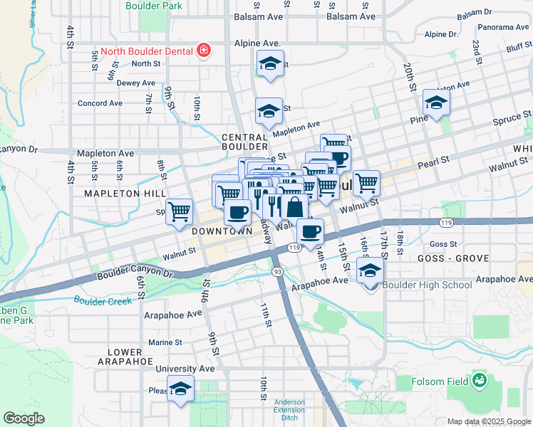 map of restaurants, bars, coffee shops, grocery stores, and more near 1290 Walnut Street in Boulder