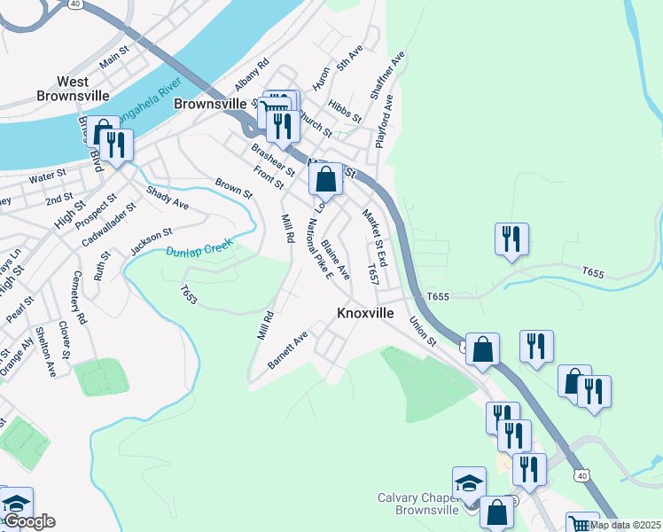 map of restaurants, bars, coffee shops, grocery stores, and more near 329 National Pike East in Brownsville