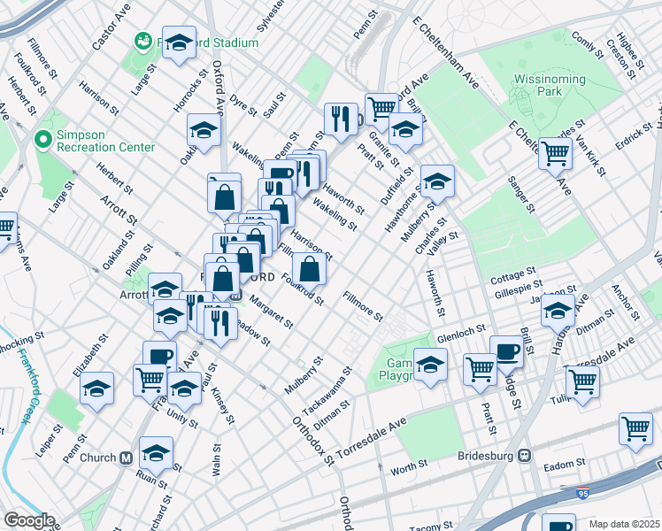 map of restaurants, bars, coffee shops, grocery stores, and more near 4831 Duffield Street in Philadelphia
