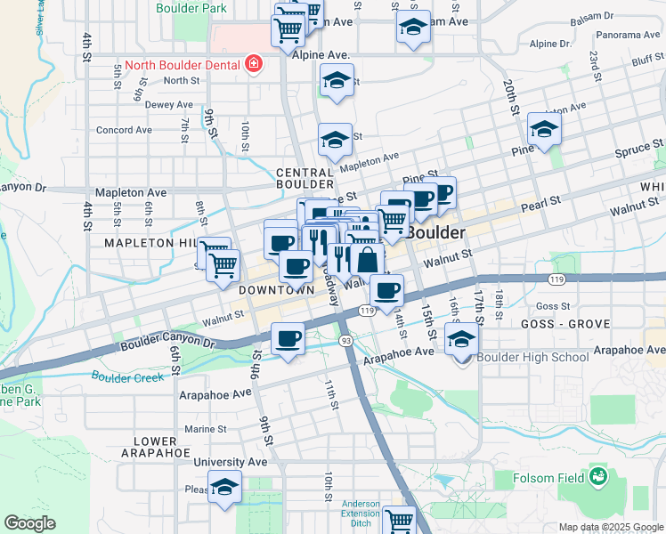 map of restaurants, bars, coffee shops, grocery stores, and more near 1200-1290 Walnut Street in Boulder