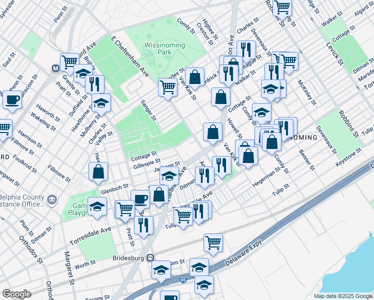 map of restaurants, bars, coffee shops, grocery stores, and more near 5519 Harbison Avenue in Philadelphia