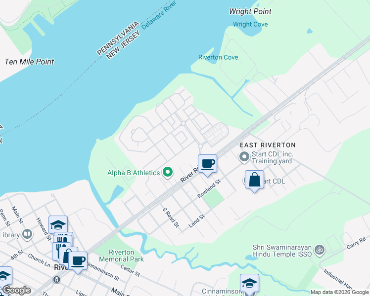map of restaurants, bars, coffee shops, grocery stores, and more near 1807 River Road in Cinnaminson