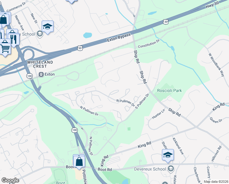 map of restaurants, bars, coffee shops, grocery stores, and more near 744 Chessie Court in West Chester