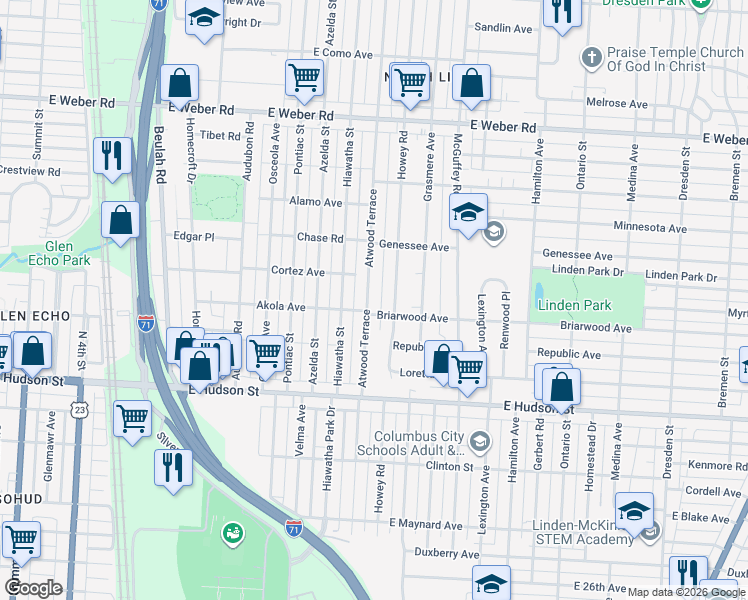map of restaurants, bars, coffee shops, grocery stores, and more near 2531 Howey Road in Columbus