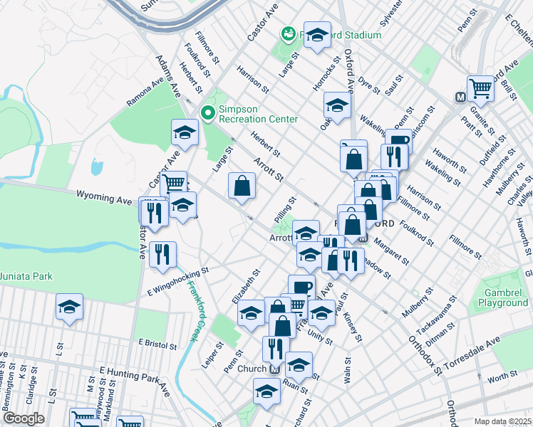 map of restaurants, bars, coffee shops, grocery stores, and more near 4625 Oakland St in Philadelphia