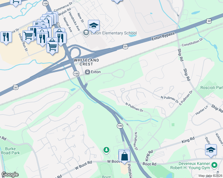 map of restaurants, bars, coffee shops, grocery stores, and more near 426 Hartford Square in West Chester