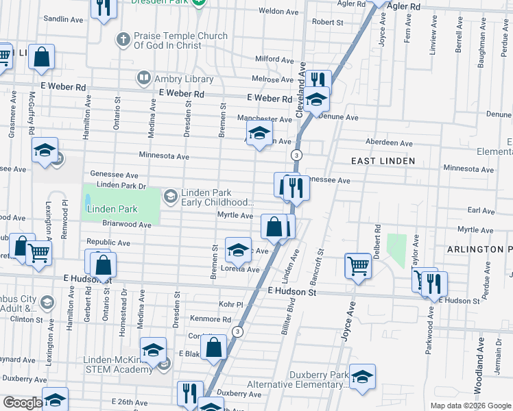 map of restaurants, bars, coffee shops, grocery stores, and more near 1591 Myrtle Avenue in Columbus