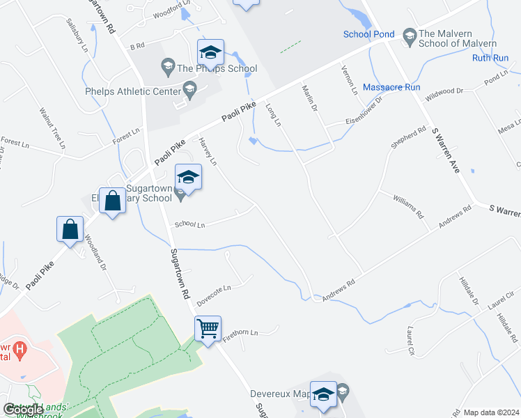 map of restaurants, bars, coffee shops, grocery stores, and more near 26 Harvey Lane in Malvern