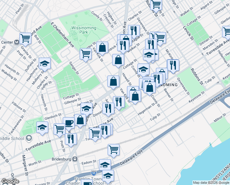 map of restaurants, bars, coffee shops, grocery stores, and more near 2025 East Cheltenham Avenue in Philadelphia