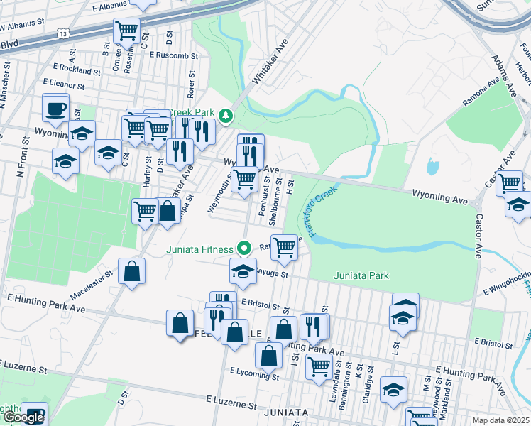 map of restaurants, bars, coffee shops, grocery stores, and more near 4587 Penhurst Street in Philadelphia