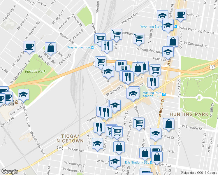 map of restaurants, bars, coffee shops, grocery stores, and more near 1911 Brunner Street in Philadelphia