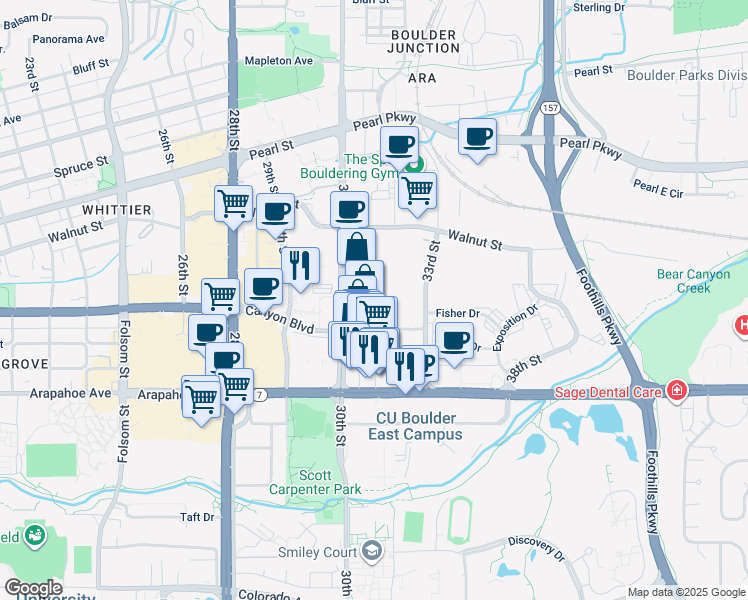 map of restaurants, bars, coffee shops, grocery stores, and more near Canyon Boulevard in Boulder