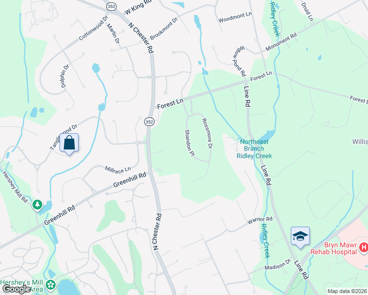 map of restaurants, bars, coffee shops, grocery stores, and more near 116 Shandon Place in Malvern