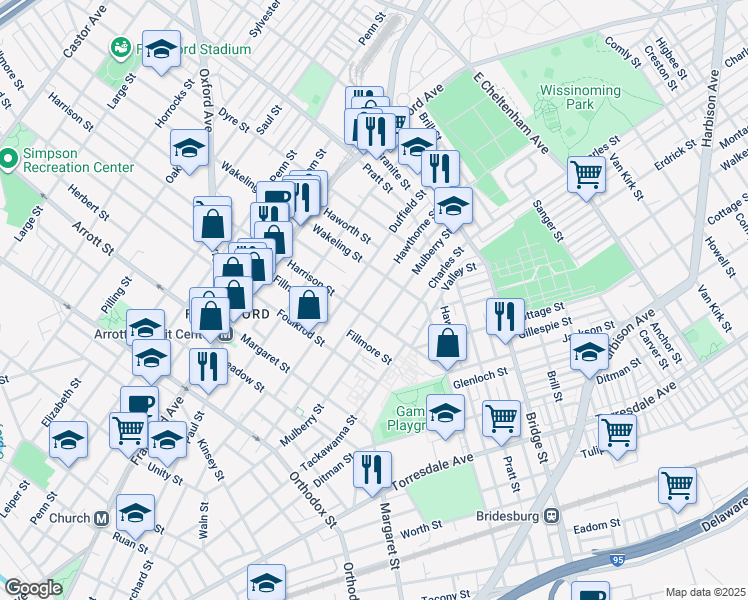 map of restaurants, bars, coffee shops, grocery stores, and more near 4919 Hawthorne Street in Philadelphia