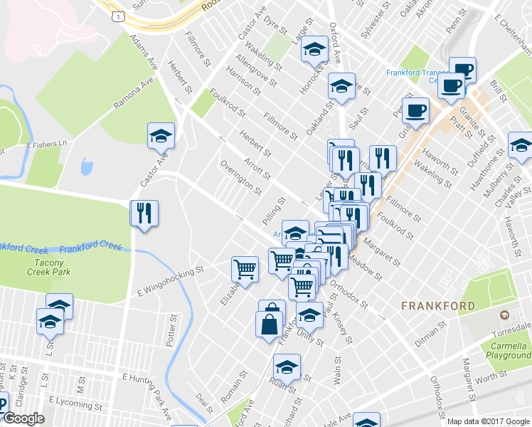 map of restaurants, bars, coffee shops, grocery stores, and more near 4626 Pilling Street in Philadelphia