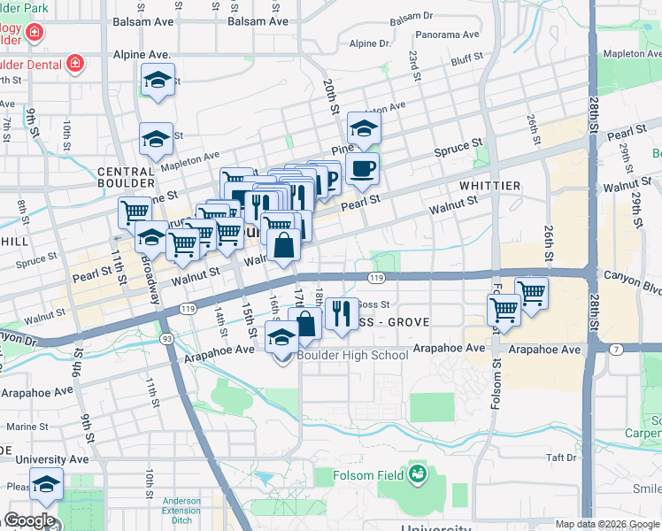 map of restaurants, bars, coffee shops, grocery stores, and more near 1802 Canyon Boulevard in Boulder