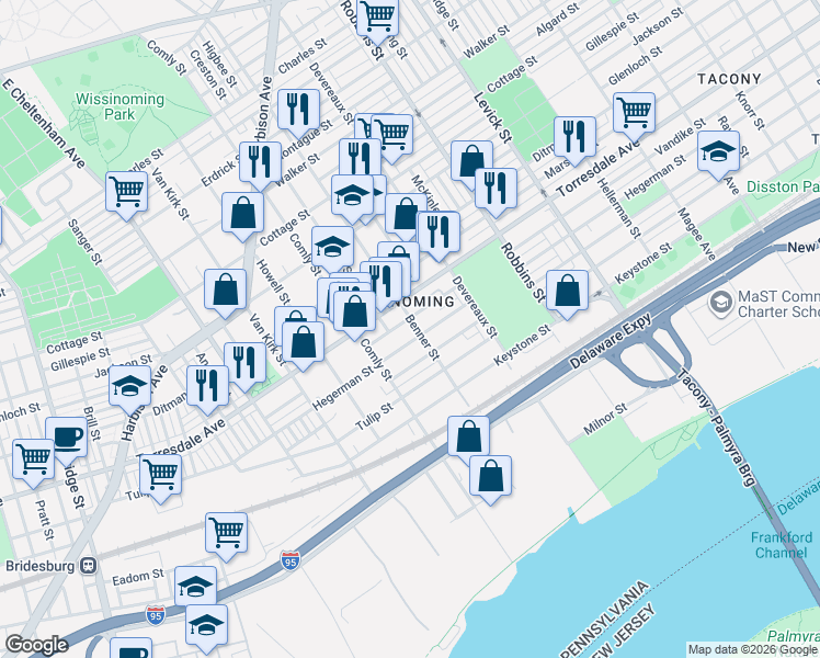map of restaurants, bars, coffee shops, grocery stores, and more near 6032 Edmund Street in Philadelphia