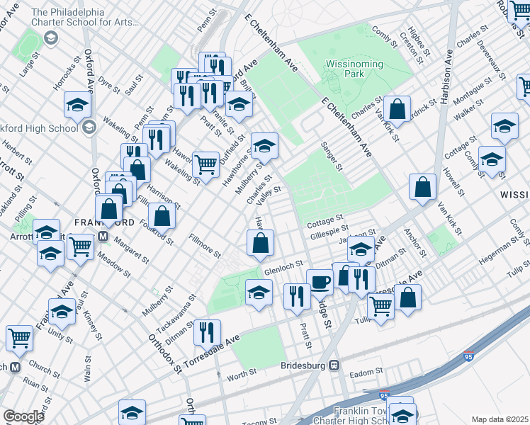map of restaurants, bars, coffee shops, grocery stores, and more near 1894 Pratt Street in Philadelphia