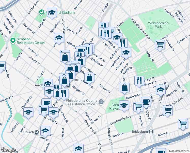map of restaurants, bars, coffee shops, grocery stores, and more near 4831 Duffield Street in Philadelphia