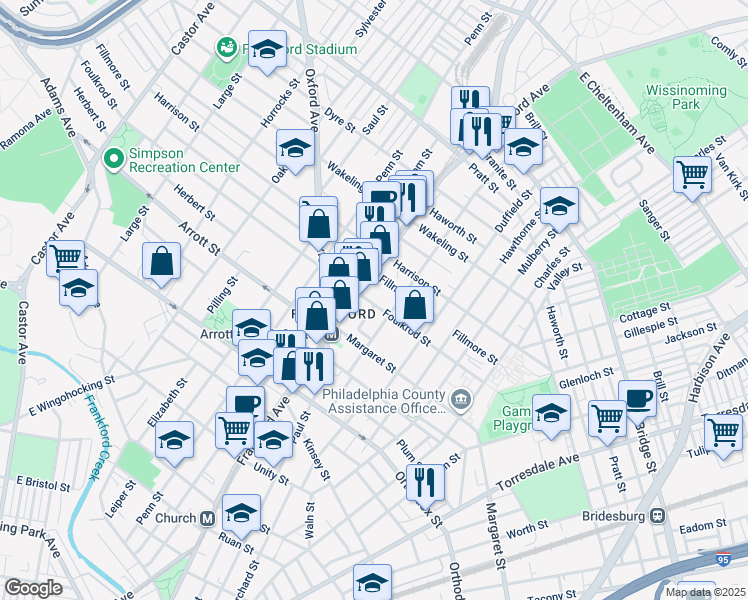 map of restaurants, bars, coffee shops, grocery stores, and more near 4727 Salem Street in Philadelphia