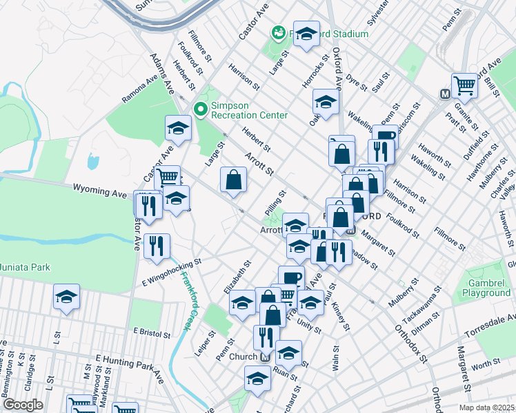 map of restaurants, bars, coffee shops, grocery stores, and more near 4627 Oakland Street in Philadelphia