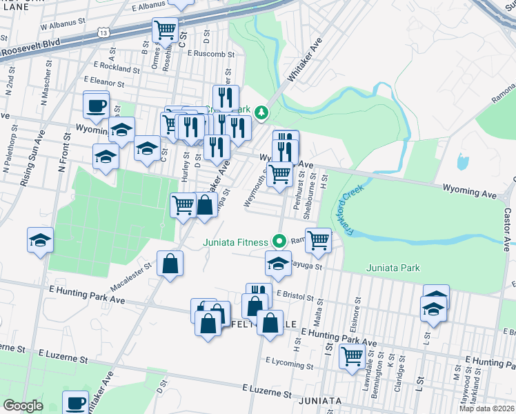 map of restaurants, bars, coffee shops, grocery stores, and more near 628 East Annsbury Street in Philadelphia