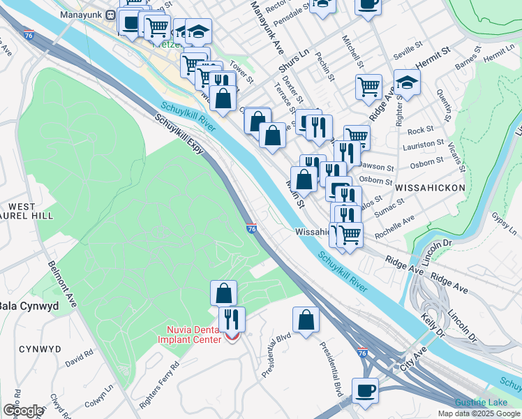 map of restaurants, bars, coffee shops, grocery stores, and more near 600 Righters Ferry Road in Bala Cynwyd