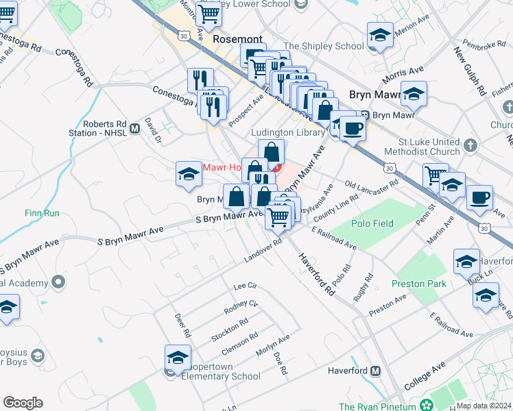 map of restaurants, bars, coffee shops, grocery stores, and more near 221 Brook Street in Bryn Mawr