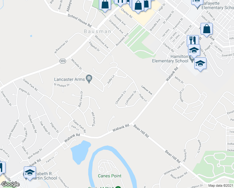 map of restaurants, bars, coffee shops, grocery stores, and more near 1634 Chadwick Circle in Lancaster