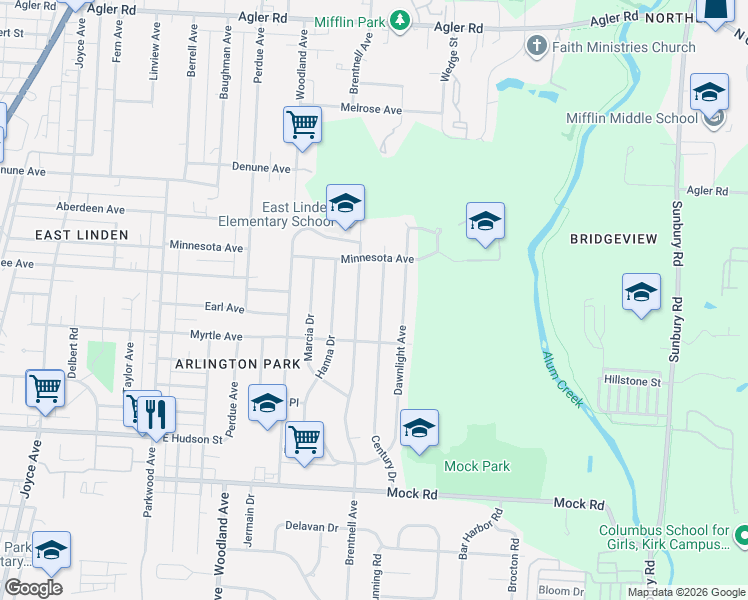 map of restaurants, bars, coffee shops, grocery stores, and more near 2345 Century Drive in Columbus
