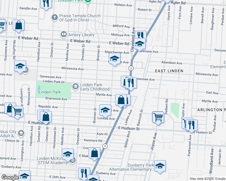 map of restaurants, bars, coffee shops, grocery stores, and more near 1591 Myrtle Avenue in Columbus