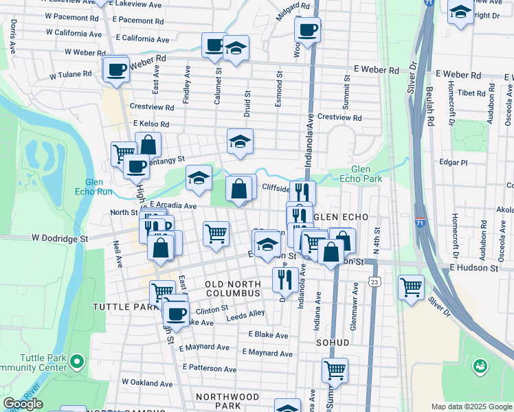 map of restaurants, bars, coffee shops, grocery stores, and more near 2644 Medary Avenue in Columbus