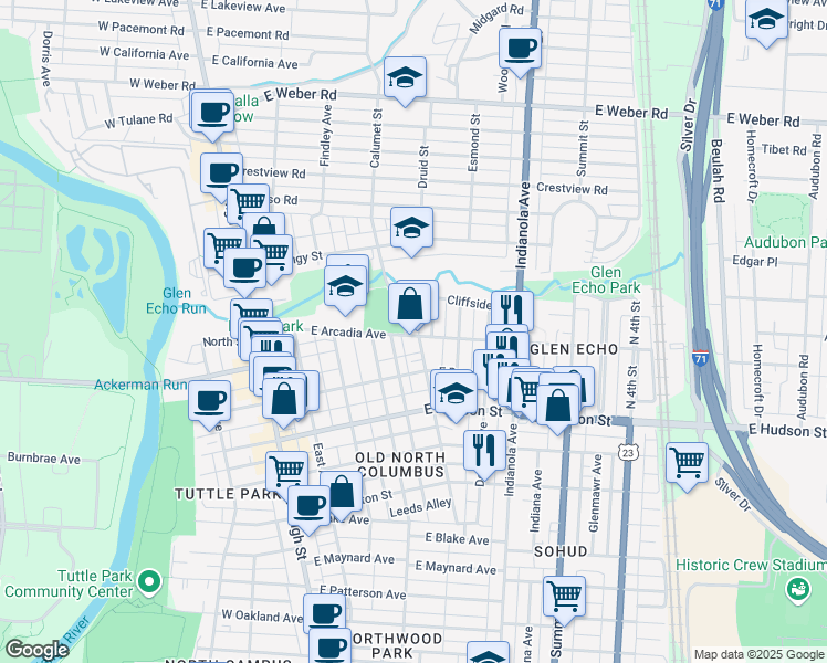 map of restaurants, bars, coffee shops, grocery stores, and more near 2644 Medary Avenue in Columbus