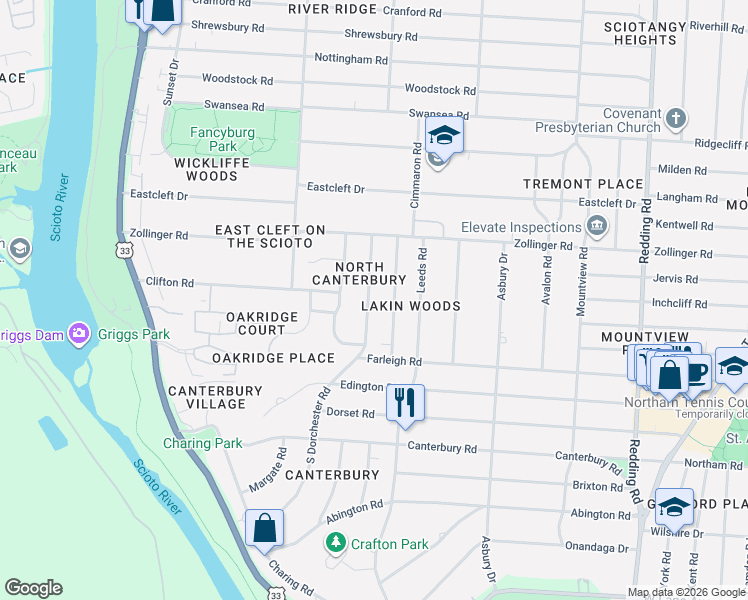 map of restaurants, bars, coffee shops, grocery stores, and more near 3063 South Dorchester Road in Upper Arlington