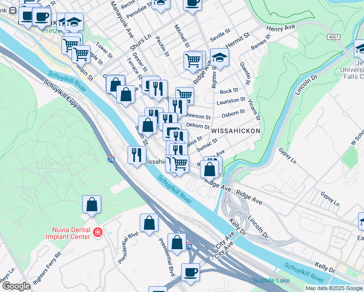 map of restaurants, bars, coffee shops, grocery stores, and more near 107 Kalos Street in Philadelphia