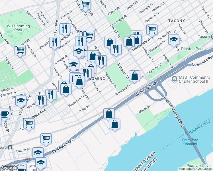 map of restaurants, bars, coffee shops, grocery stores, and more near 6112 Tulip Street in Philadelphia