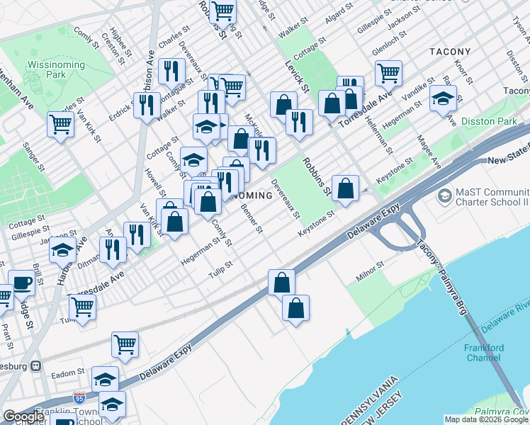 map of restaurants, bars, coffee shops, grocery stores, and more near 6112 Tulip Street in Philadelphia