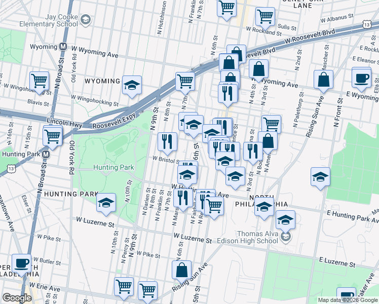 map of restaurants, bars, coffee shops, grocery stores, and more near 4303 North 6th Street in Philadelphia