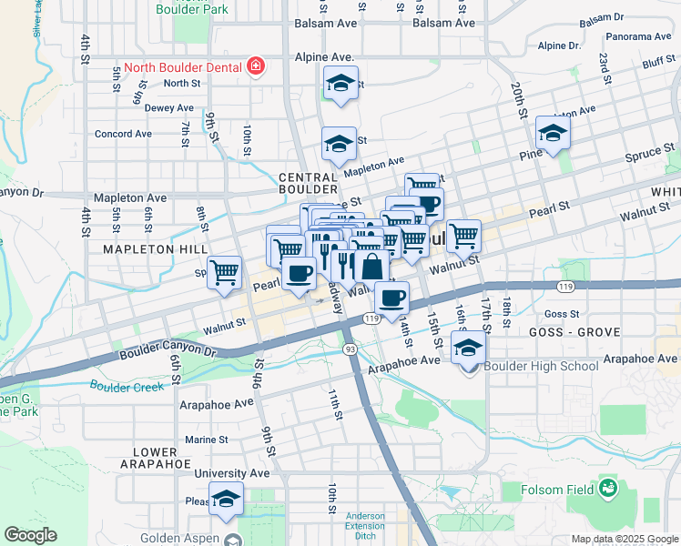 map of restaurants, bars, coffee shops, grocery stores, and more near 1200-1290 Walnut Street in Boulder