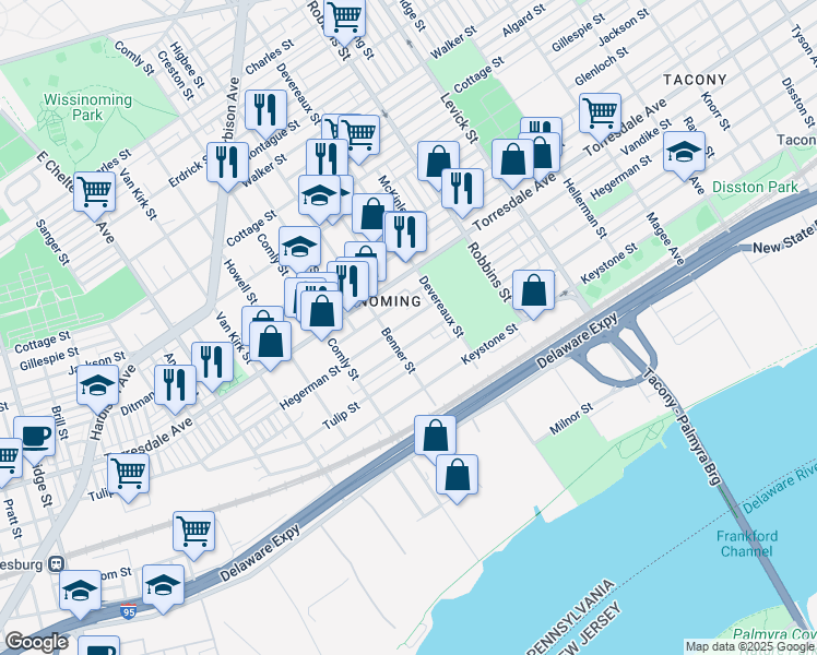 map of restaurants, bars, coffee shops, grocery stores, and more near 6125 Hegerman Street in Philadelphia