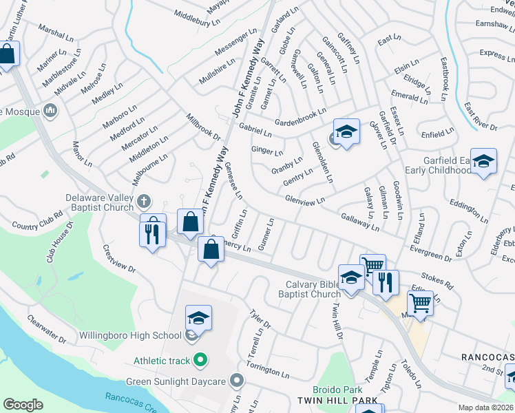 map of restaurants, bars, coffee shops, grocery stores, and more near 53 Genesee Lane in Willingboro