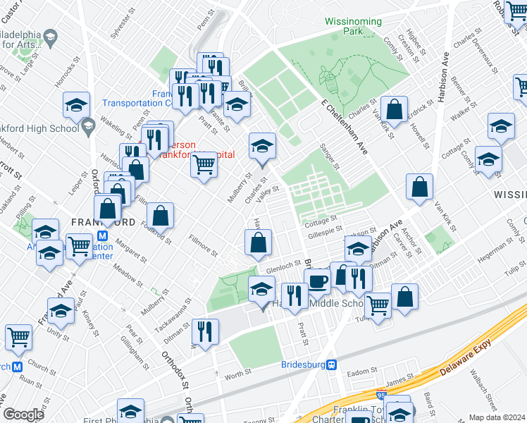 map of restaurants, bars, coffee shops, grocery stores, and more near 1894 Pratt Street in Philadelphia